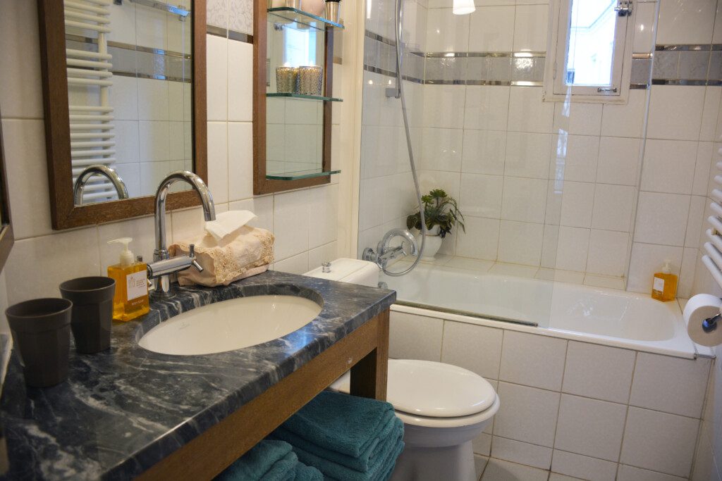 Luxury family apartment near Eiffel Tower Paris – bathroom with bathtub and black marble vanity