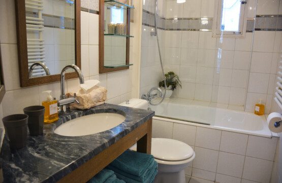 Luxury family apartment near Eiffel Tower Paris – bathroom with bathtub and black marble vanity