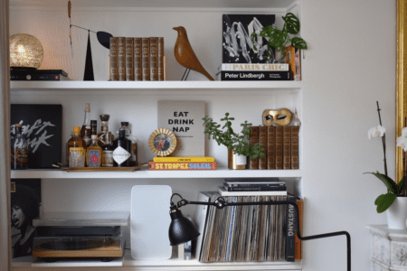 Luxury apartment near Parc Monceau Paris – shelf with vinyl records and books