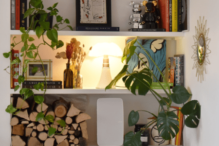 Luxury apartment near Parc Monceau Paris – shelf with firewood plants and artwork